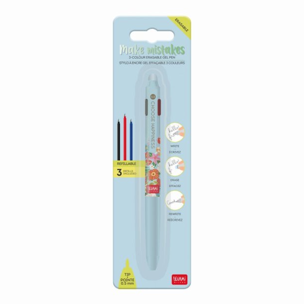 Erasable gel pen 3-in-1, Flowers, gelpen med blk der kan viskes ud 